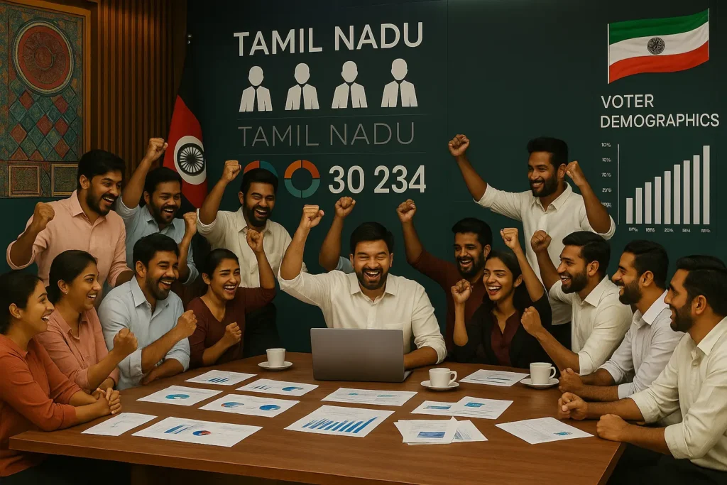 A group of people celebrate around a laptop in a meeting room with a backdrop showing “Tamil Nadu” voter data and charts.